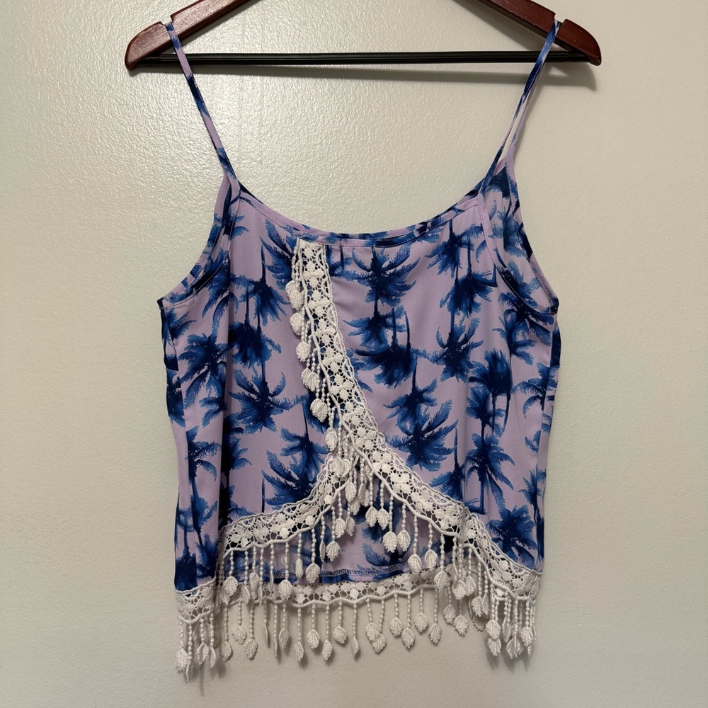Charlotte Russe Babydoll Y2K Cami Womens Medium Crochet Fringe Hawaiian Tropical - Picture 2 of 9
